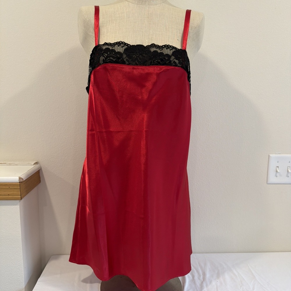 Y2K Red Black Lace Slip Dress Women Large Satin Whimsigoth Valentines Mini
